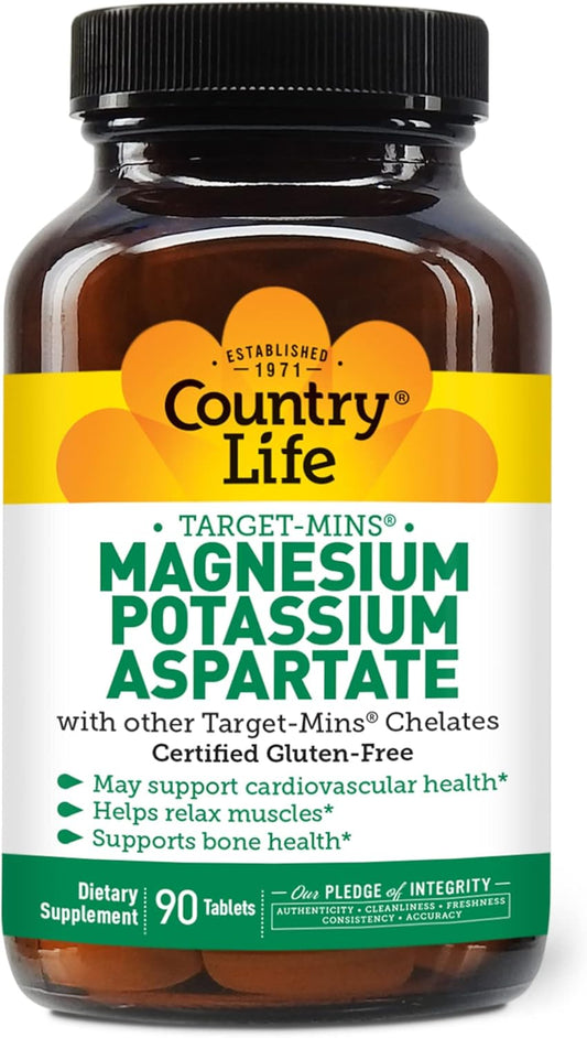 Certified Gluten Free & Vegan Magnesium Potassium Aspartate Tablets, 600mg/198mg - 90 Count by Country Life Target-Mins