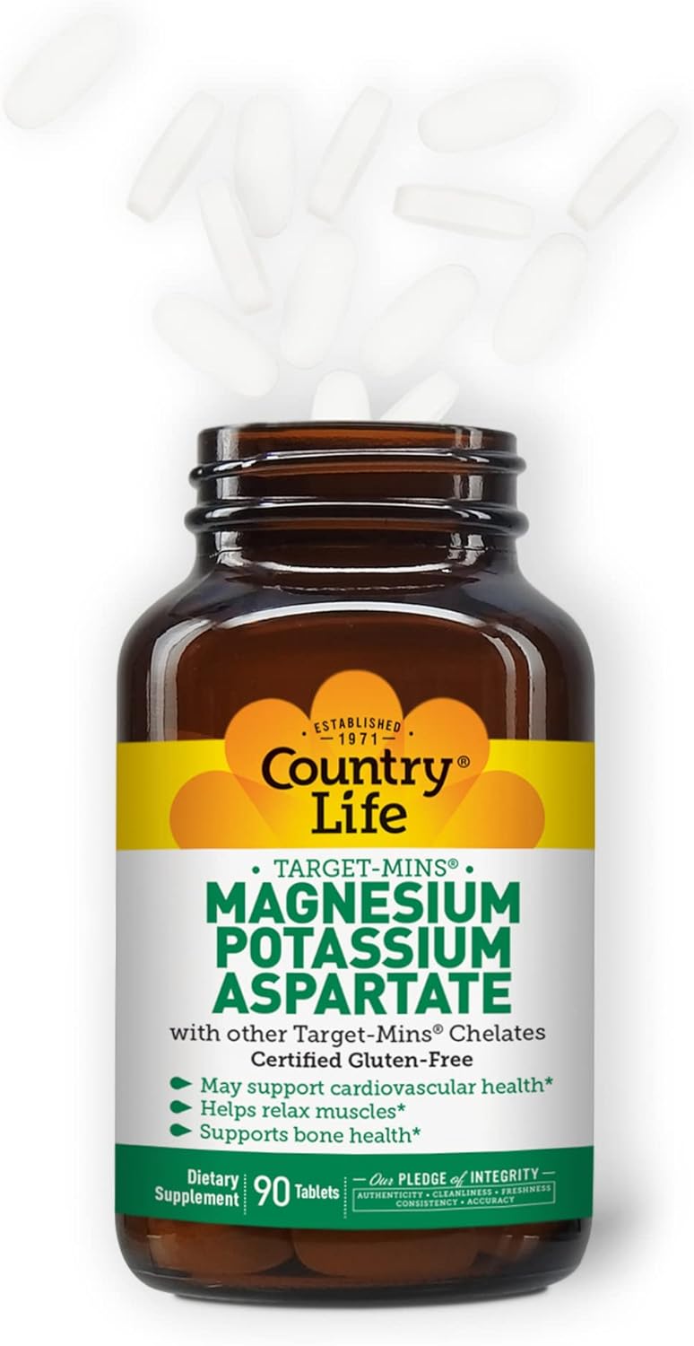 Certified Gluten Free & Vegan Magnesium Potassium Aspartate Tablets, 600mg/198mg - 90 Count by Country Life Target-Mins