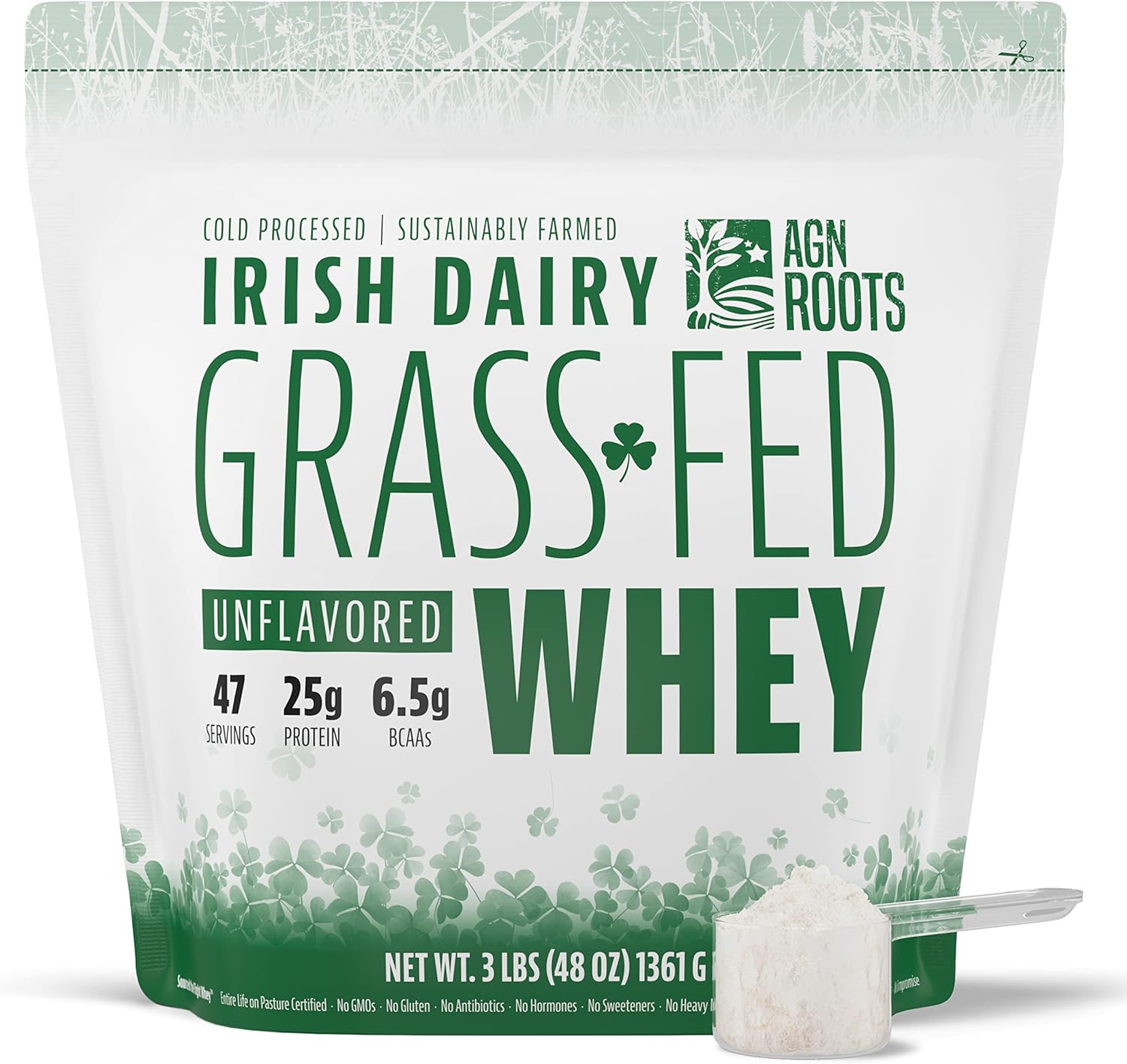 Certified Grass Fed Whey Protein Isolate Powder - Unflavored & Unsweetened - 3lbs - AGN Roots - ASPCA Registered Brand - Informed-Sport Compliant