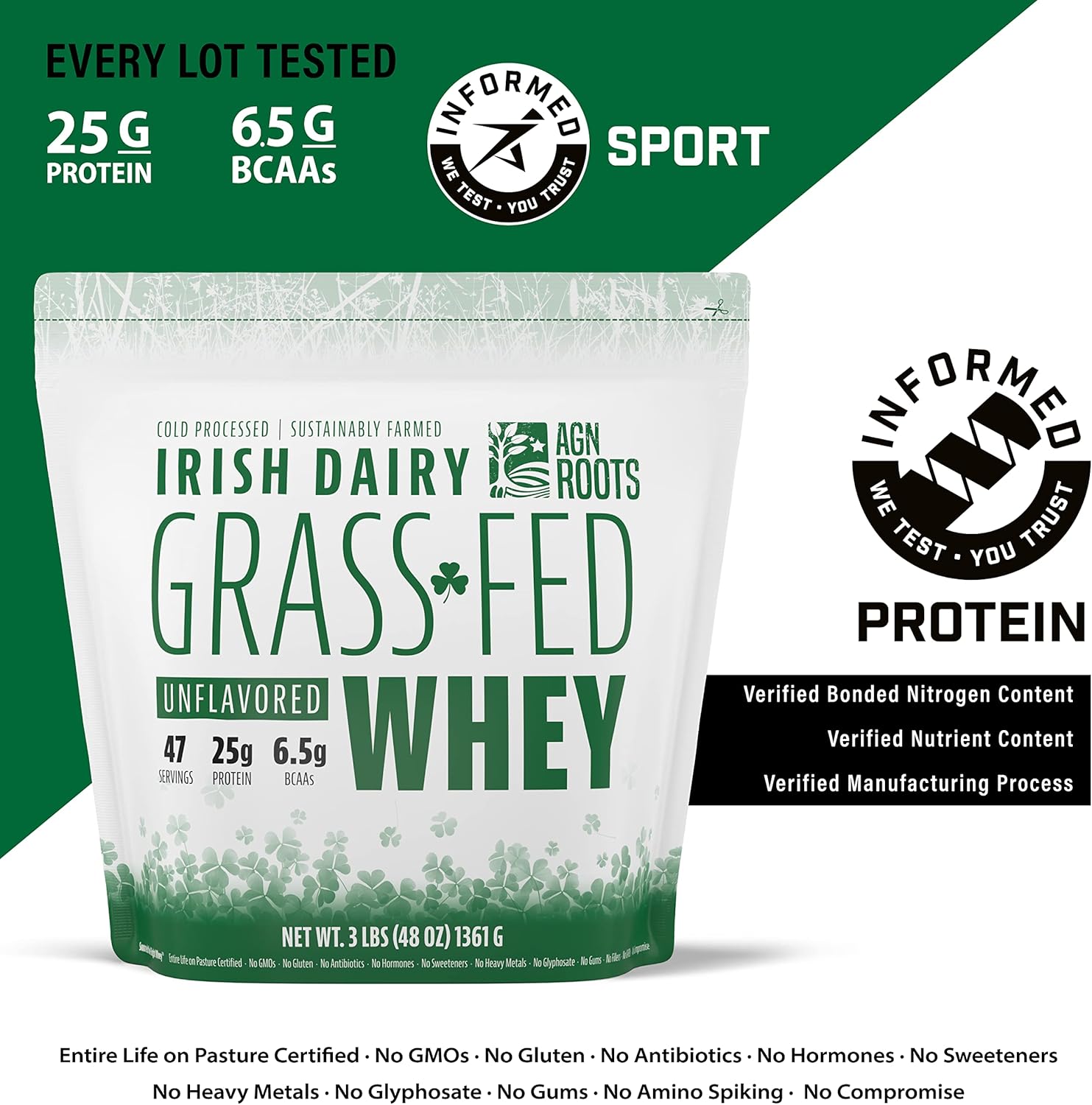 Certified Grass Fed Whey Protein Isolate Powder - Unflavored & Unsweetened - 3lbs - AGN Roots - ASPCA Registered Brand - Informed-Sport Compliant
