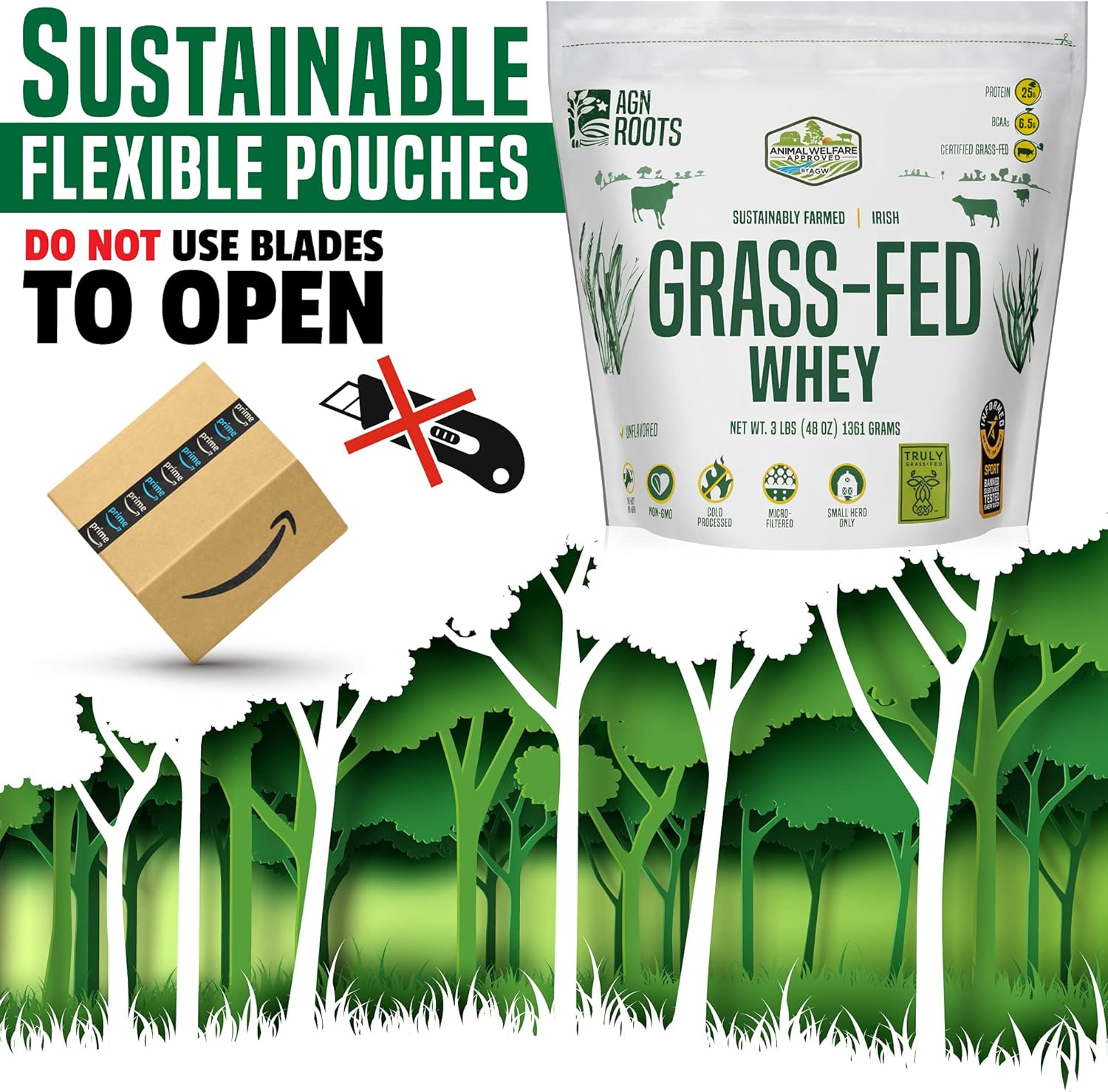 Certified Grass Fed Whey Protein Isolate Powder - Unflavored & Unsweetened - 3lbs - AGN Roots - ASPCA Registered Brand - Informed-Sport Compliant