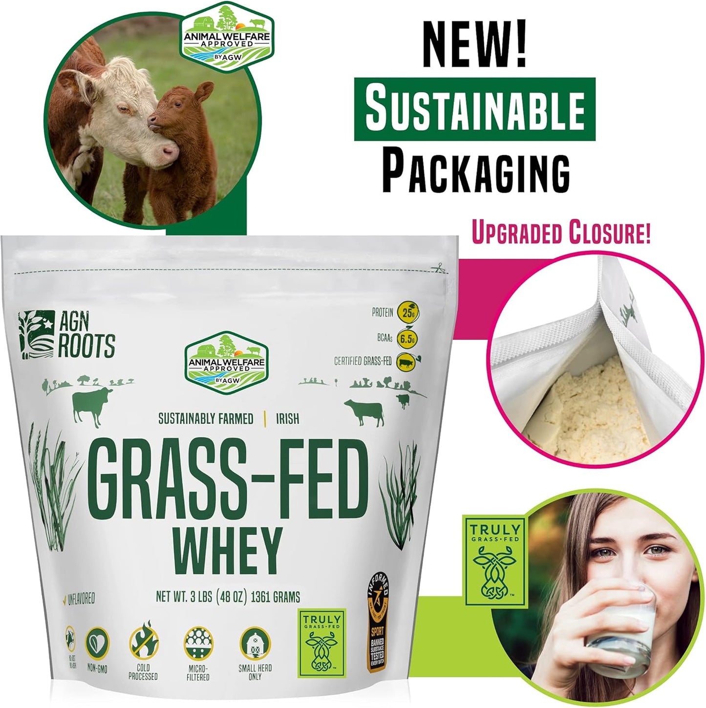 Certified Grass Fed Whey Protein Isolate Powder - Unflavored & Unsweetened - 3lbs - AGN Roots - ASPCA Registered Brand - Informed-Sport Compliant