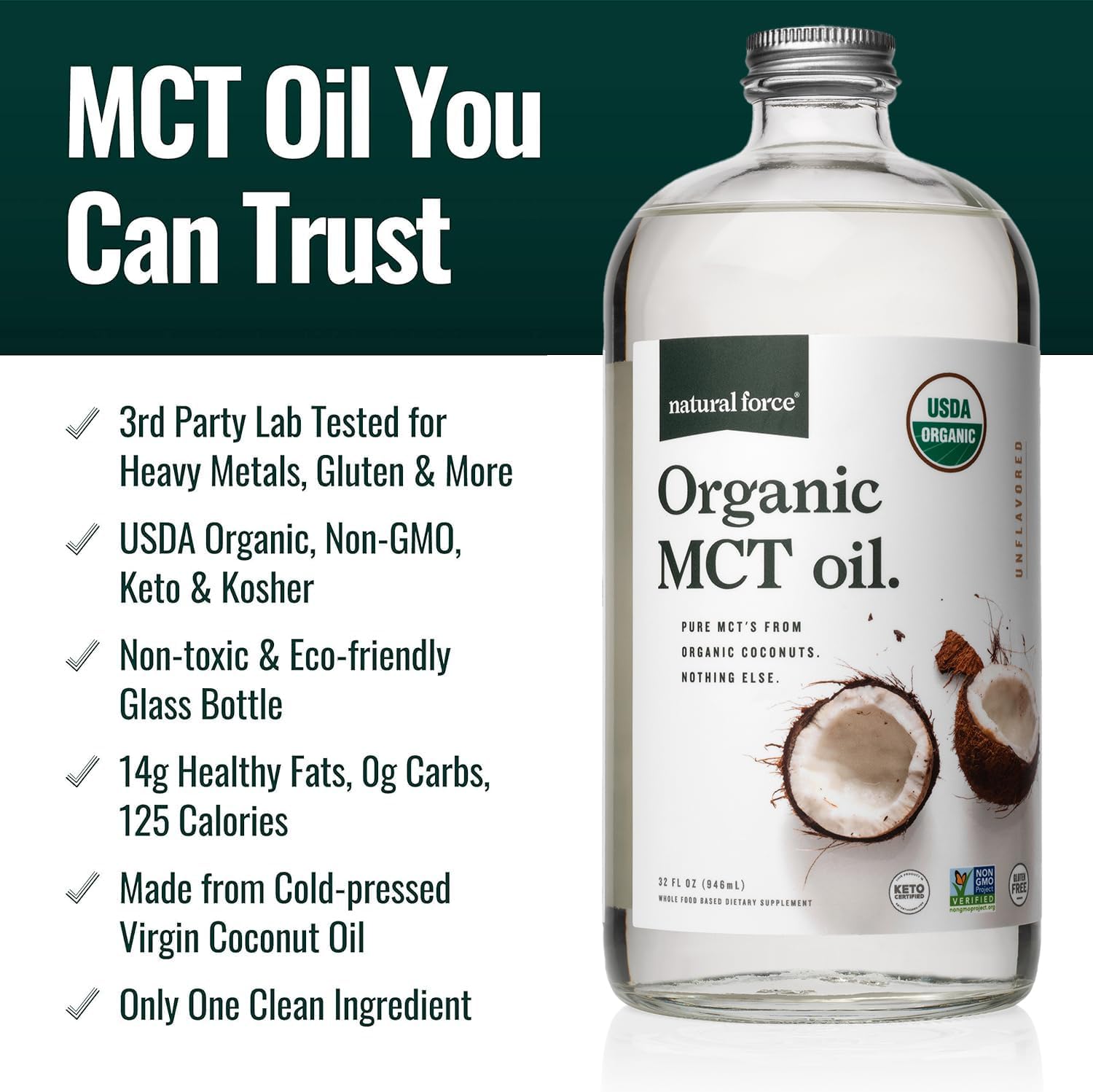 Certified Keto & Paleo Organic MCT Oil in Glass Bottle - 32 oz - Non-GMO, Vegan, Kosher - Cold Pressed Virgin Coconut Oil - Lab Tested Quality
