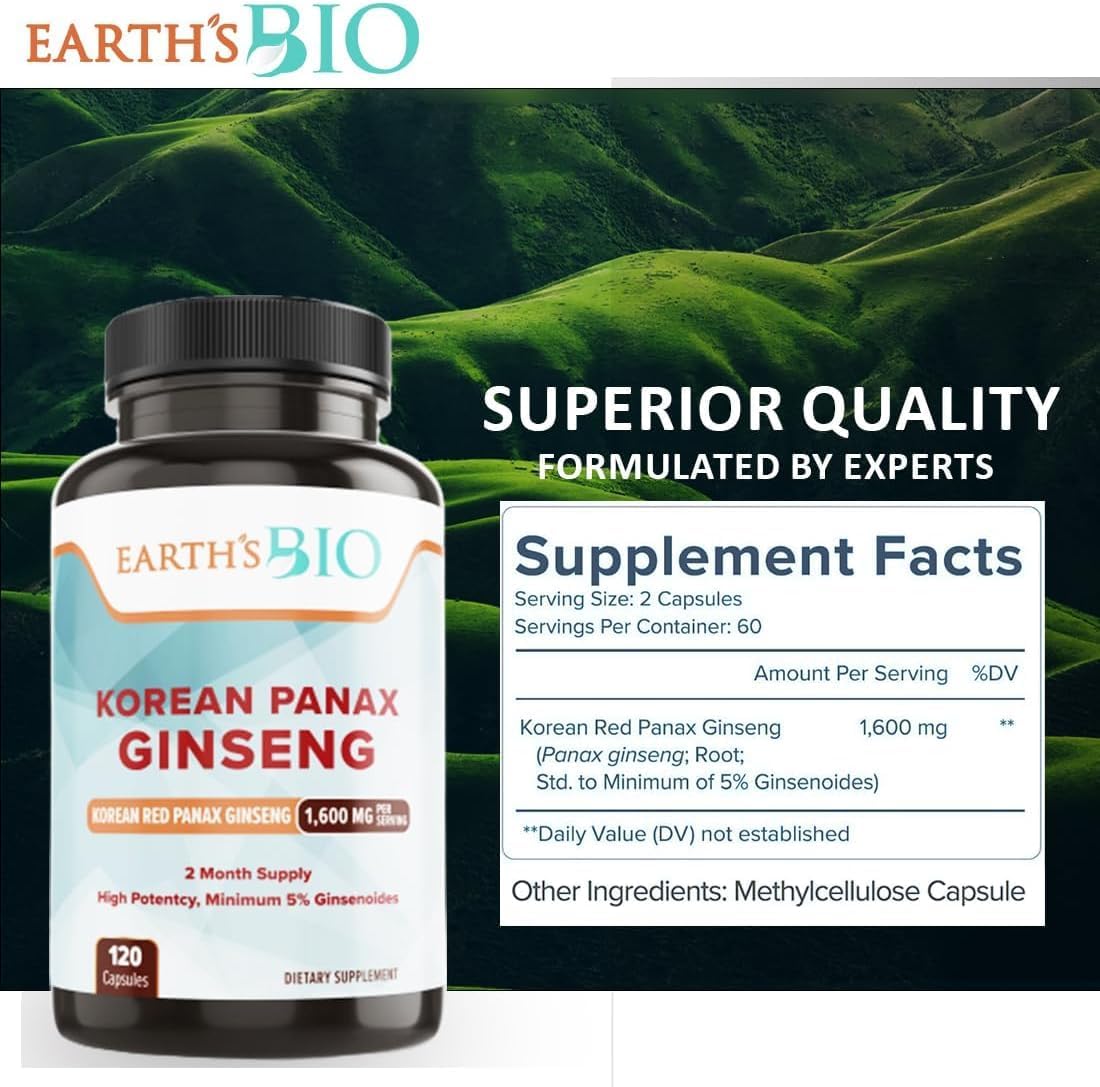 Certified Korean Red Panax Ginseng Capsules - 1600mg, 120 Vegan Capsules - High Ginsenosides for Energy, Strength, and Focus