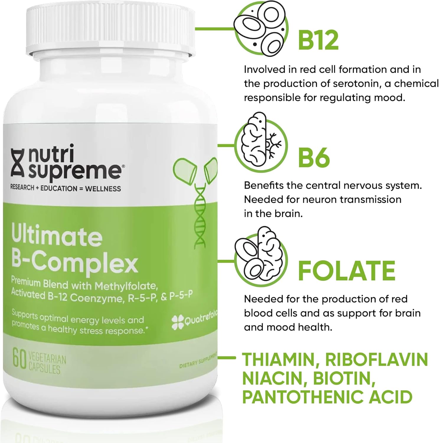 Certified Kosher Ultimate B Complex Supplement - 120 Vegetarian Capsules by NUTRI-SUPREME RESEARCH