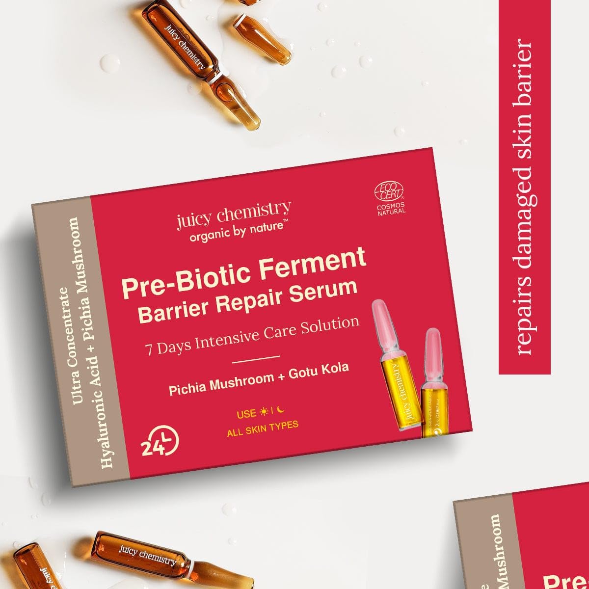 Certified Natural Prebiotic Ferment Barrier Repair Face Serum with Gotu Kola and Hyaluronic Acid - 14 ml Pack