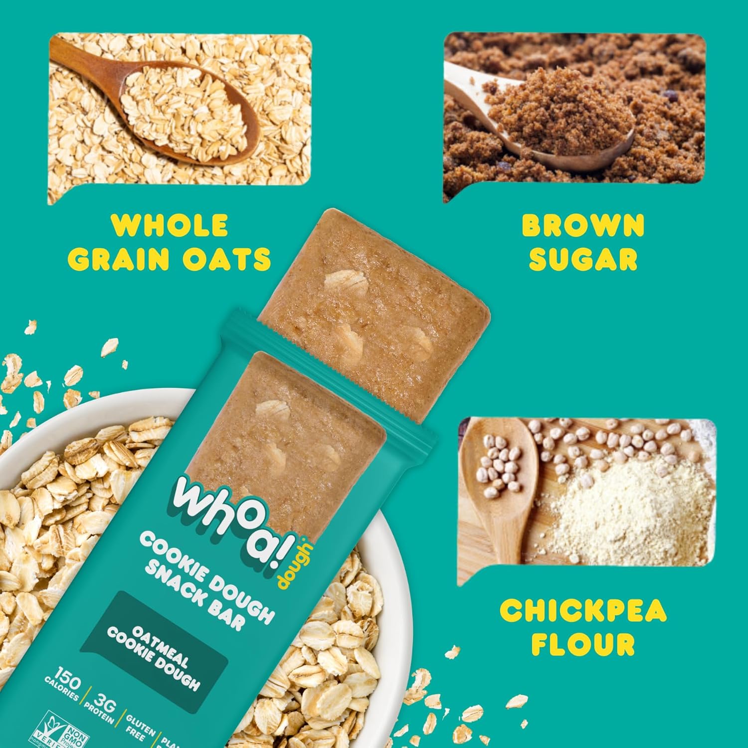 Certified Non-GMO, Kosher, Gluten-Free Edible Cookie Dough Bars - Healthy Plant-Based Snack Made with Real Ingredients - Oatmeal Cookie Dough - Pack of 10