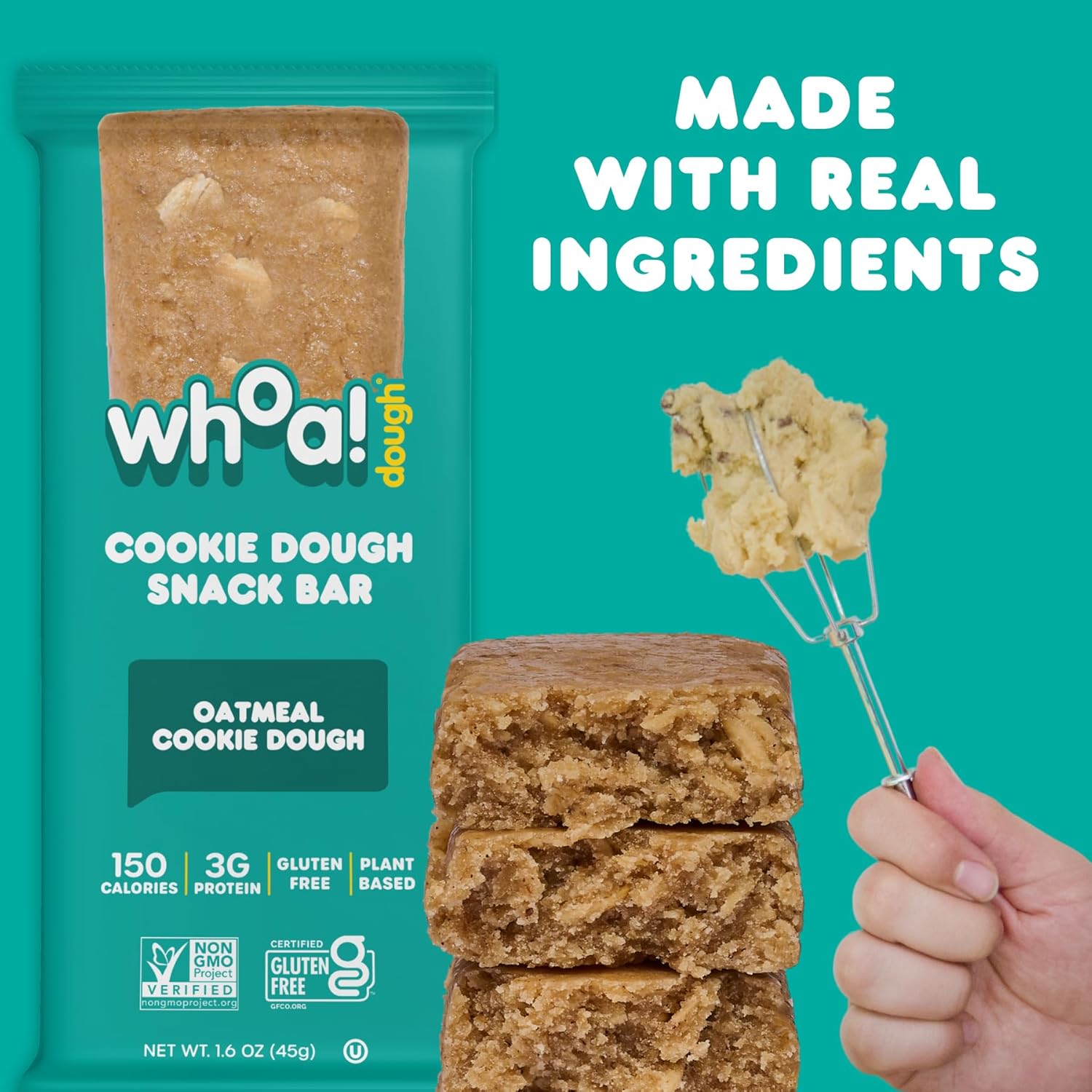 Certified Non-GMO, Kosher, Gluten-Free Edible Cookie Dough Bars - Healthy Plant-Based Snack Made with Real Ingredients - Oatmeal Cookie Dough - Pack of 10