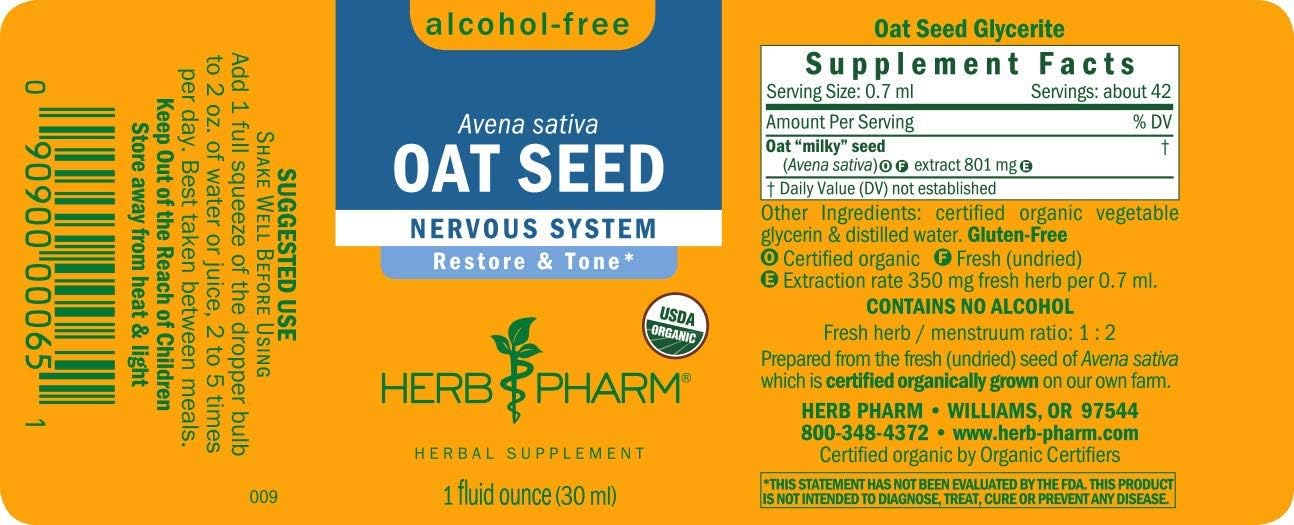 Certified Organic Alcohol-Free Oat Seed Glycerite for Nervous System Support - 1 Fl Oz - Herbal Supplement