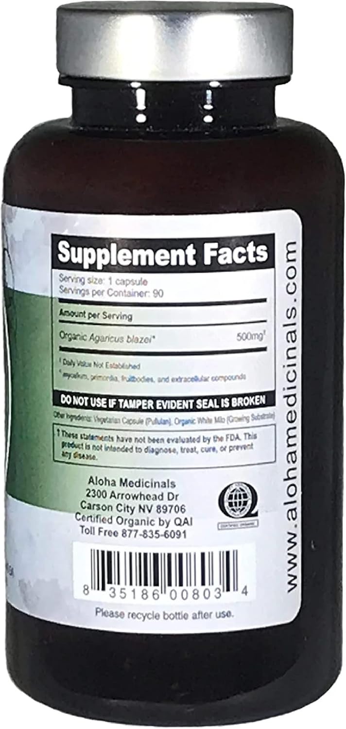 Certified Organic Aloha Medicinals Pure Agaricus Blazei 500 mg Vegetarian Capsules - 90 Count