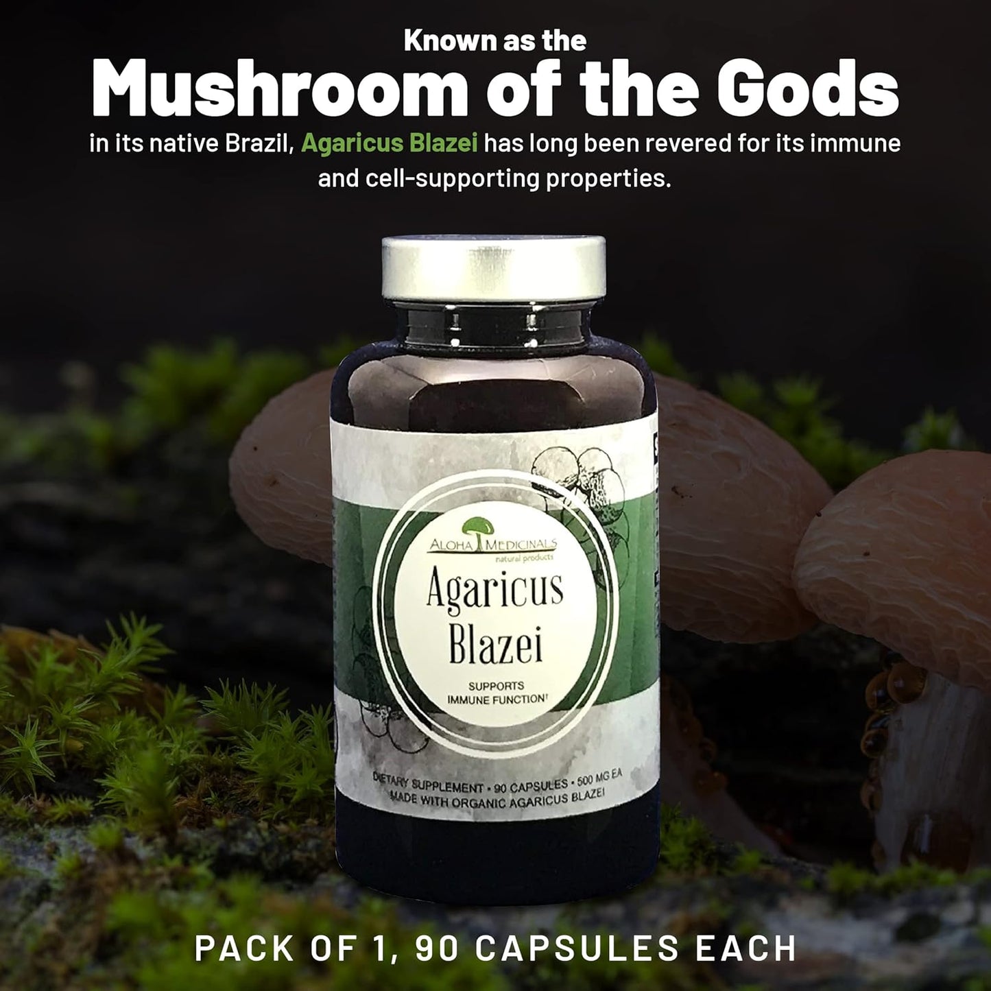 Certified Organic Aloha Medicinals Pure Agaricus Blazei 500 mg Vegetarian Capsules - 90 Count