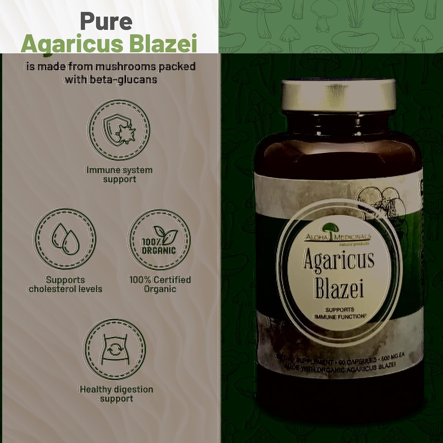 Certified Organic Aloha Medicinals Pure Agaricus Blazei 500 mg Vegetarian Capsules - 90 Count