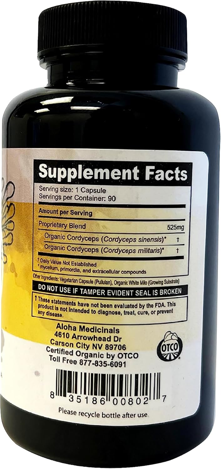 Certified Organic Aloha Medicinals Pure Cordyceps Mushroom Supplement - 90 Capsules, Immunity & Energy Support