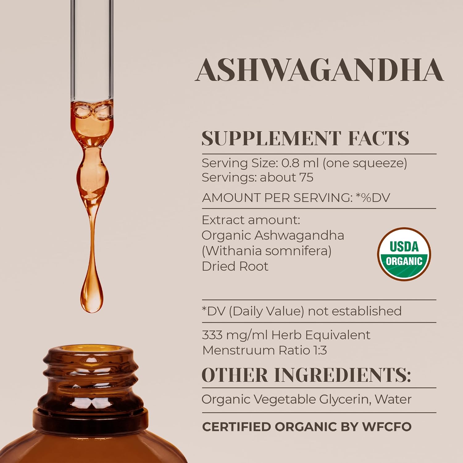 Certified Organic Ashwagandha Extract Tincture - Alcohol-Free High-Potency Supplement - USDA Organic Root - 2 oz Bottle