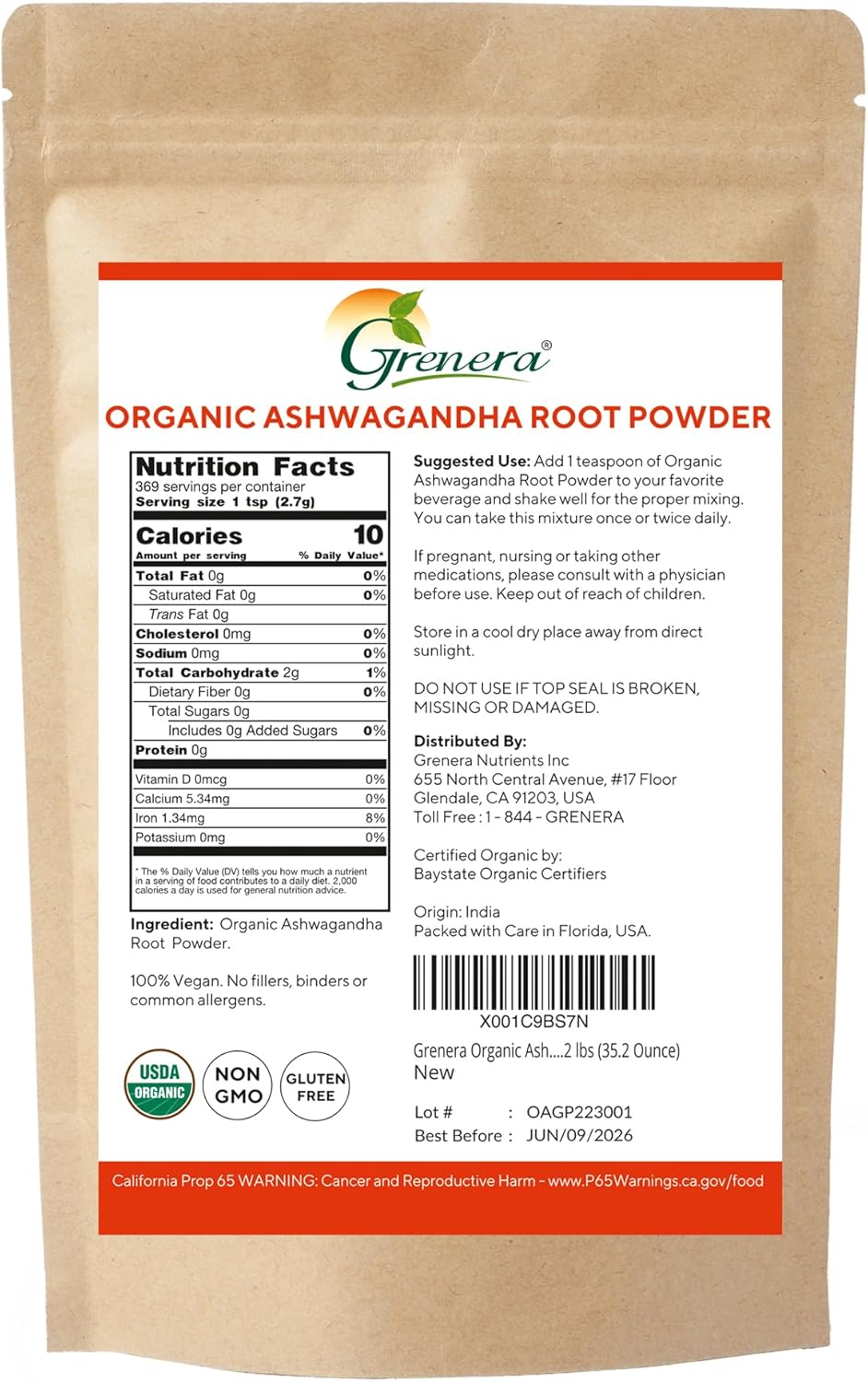 Certified Organic Ashwagandha Powder - 2.2 lbs (35.2 oz) - Vegan & Kosher Friendly