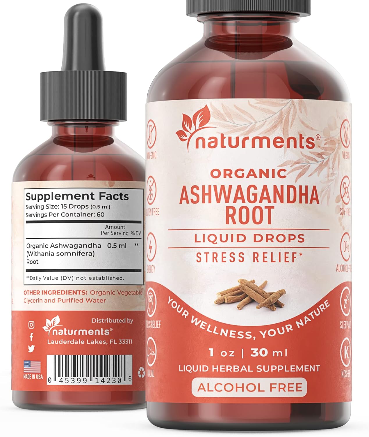 Certified Organic Ashwagandha Root Liquid Drops - Maximum Strength for Stress Management and Energy Support - 1 Oz