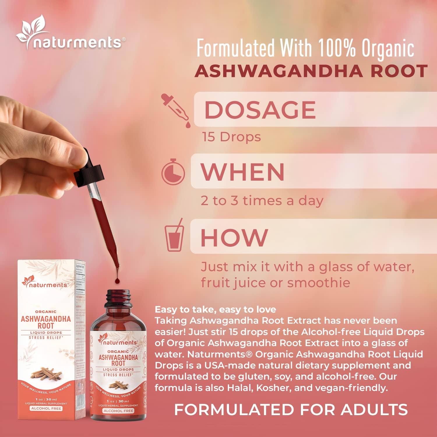 Certified Organic Ashwagandha Root Liquid Drops - Maximum Strength for Stress Management and Energy Support - 1 Oz