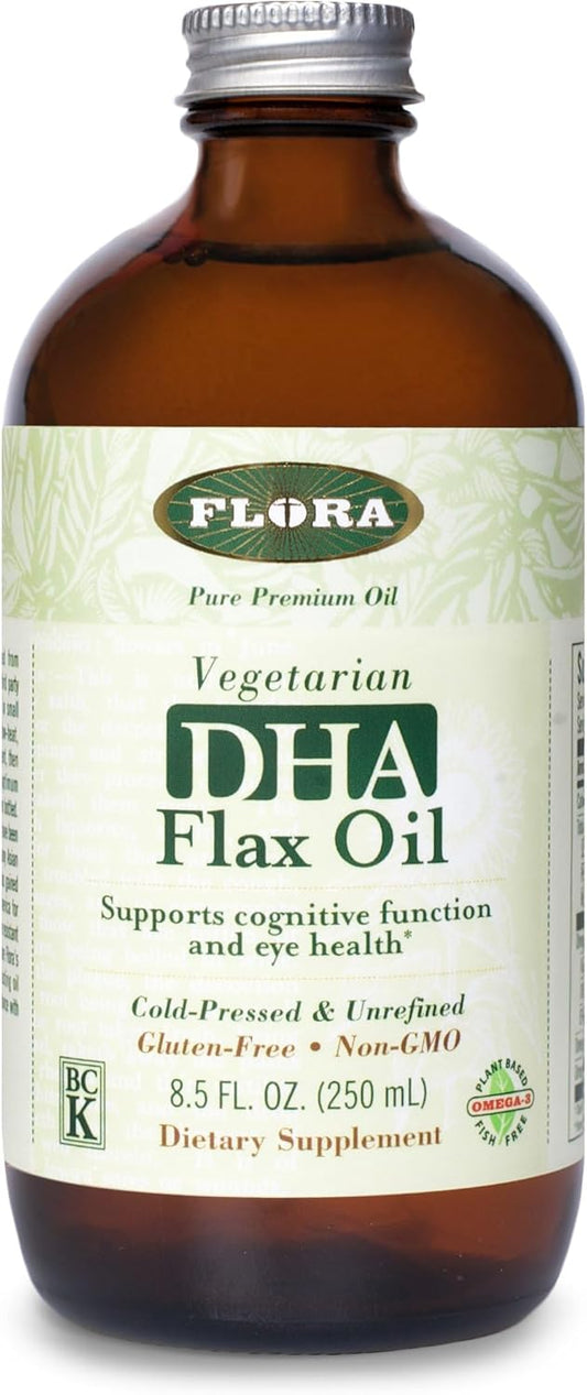 Certified Organic Cold Pressed Flax Seed Oil with DHA, Essential Fatty Acids in 8.5 oz Glass Bottle