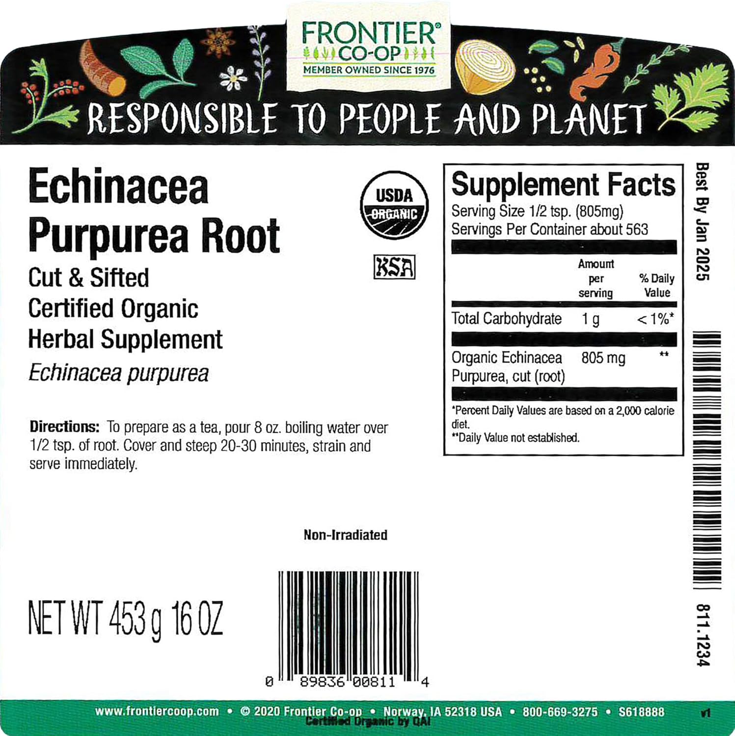 Certified Organic Echinacea Purpurea Root, Cut and Sifted - 1 lb Bulk Bag | Kosher Echinacea purpurea (L.) Moench