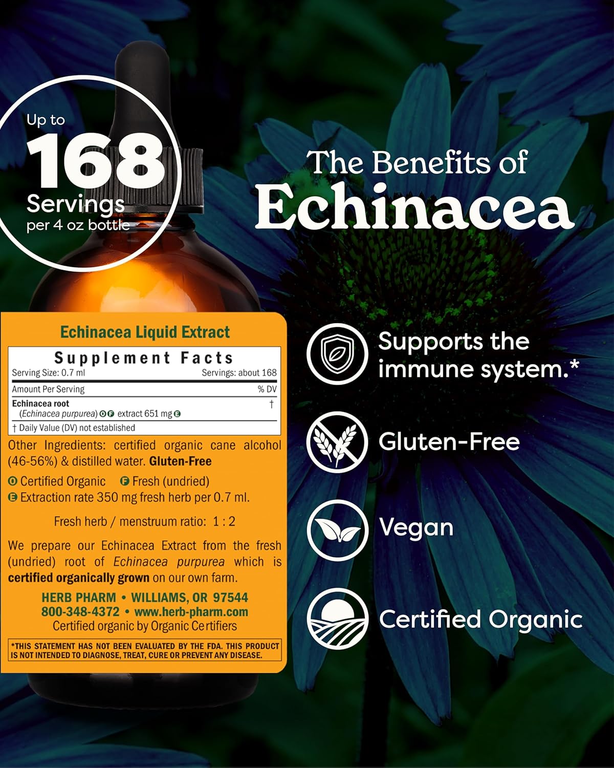 Certified Organic Echinacea Root Liquid Extract - Immune System Support - 4 Ounce