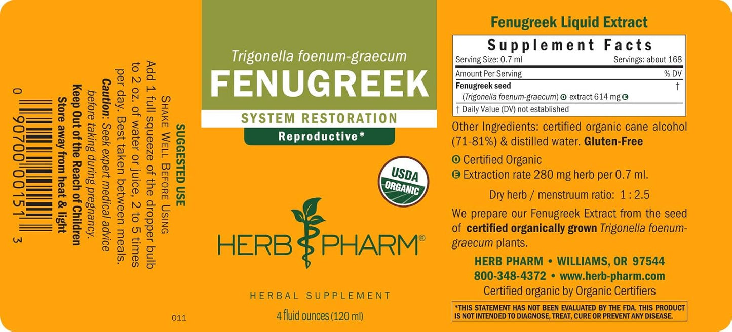 Certified Organic Fenugreek Liquid Extract for Female Reproductive Support - 4oz by Herb Pharm