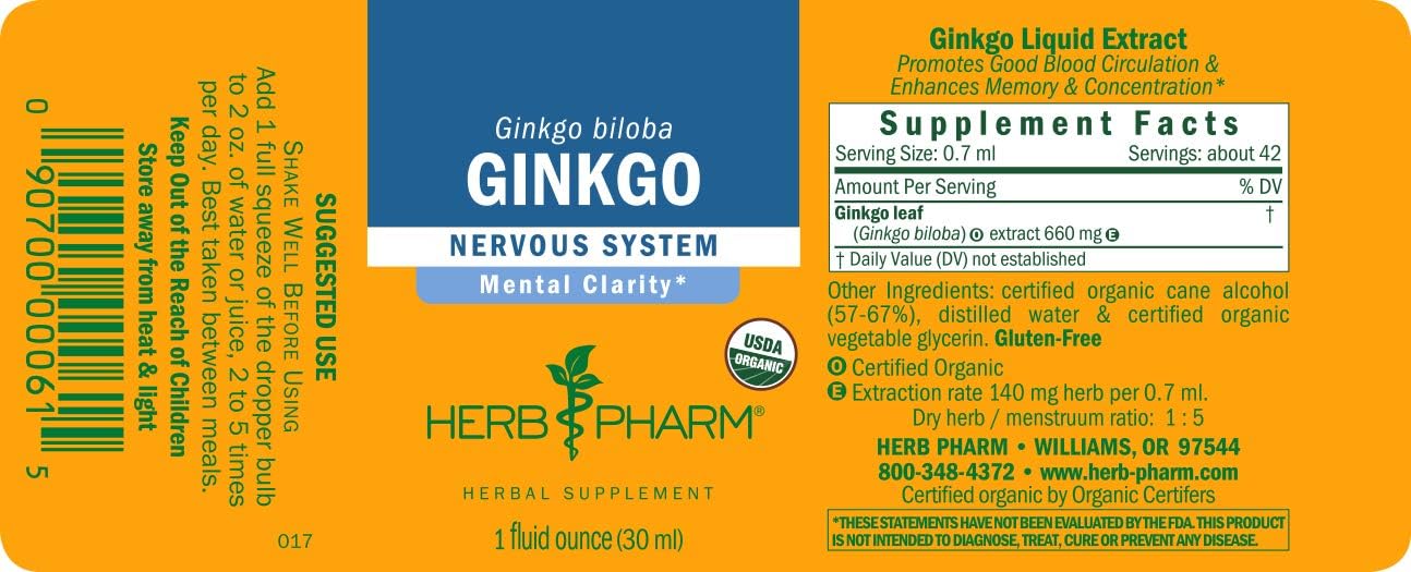 Certified Organic Ginkgo Liquid Extract for Memory and Concentration - 1 Ounce by Herb Pharm.