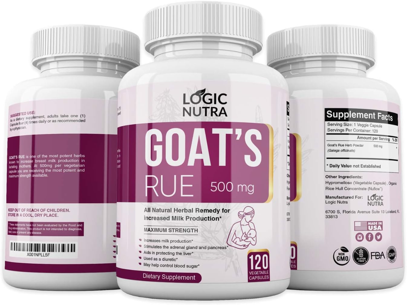 Certified Organic Goats Rue Lactation Aid Supplement for Breastfeeding Mothers - 120 Vegetarian Capsules - 500 mg - Made in USA