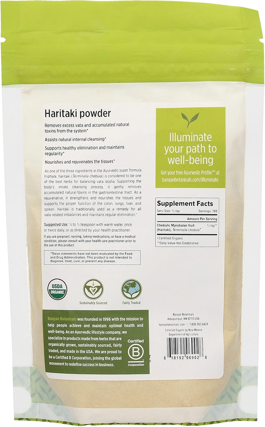Certified Organic Haritaki Powder - 1/2 Pound - Terminalia chebula for Detox & Rejuvenation - Vegan, Non-GMO, Gluten Free - Fair Trade