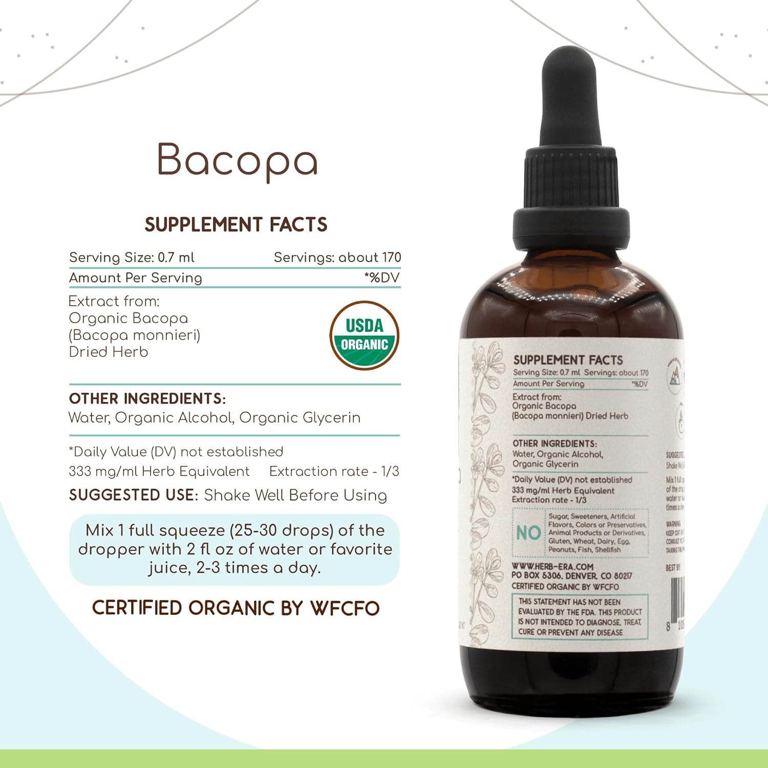Certified Organic HerbEra Bacopa A120 Tincture - Alcohol Extract, High-Potency Herbal Drops for Relaxation and Cognitive Benefits - 4 fl oz