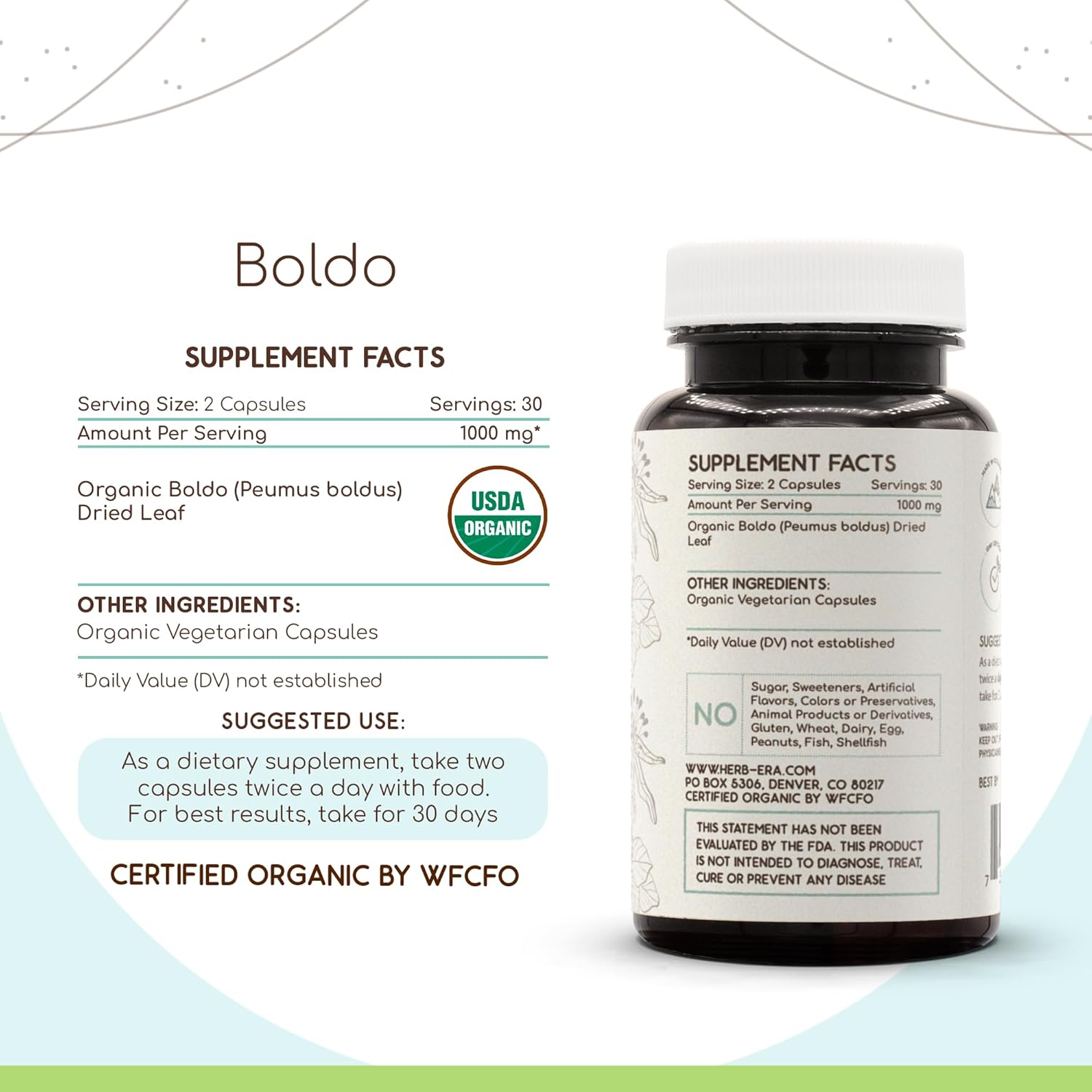 Certified Organic HerbEra Boldo Supplement - 60 Vegetarian Capsules | Natural Herbal Boldo Leaf Extract | USDA Organic Formula