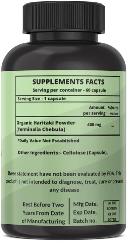 Certified Organic Heroot Haritaki Powder Capsules 400mg - Supports Digestion - Herbal Supplement (60 Pack)