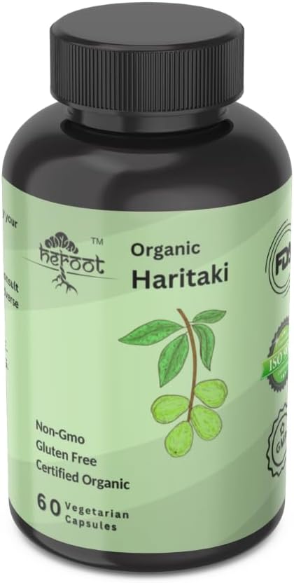 Certified Organic Heroot Haritaki Powder Capsules 400mg - Supports Digestion - Herbal Supplement (60 Pack)