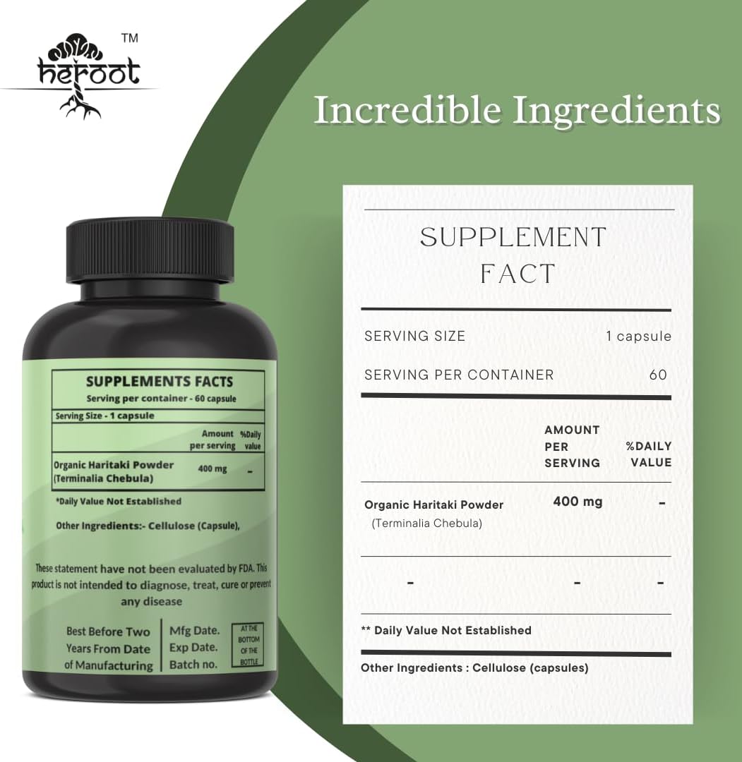 Certified Organic Heroot Haritaki Powder Capsules 400mg - Supports Digestion - Herbal Supplement (60 Pack)