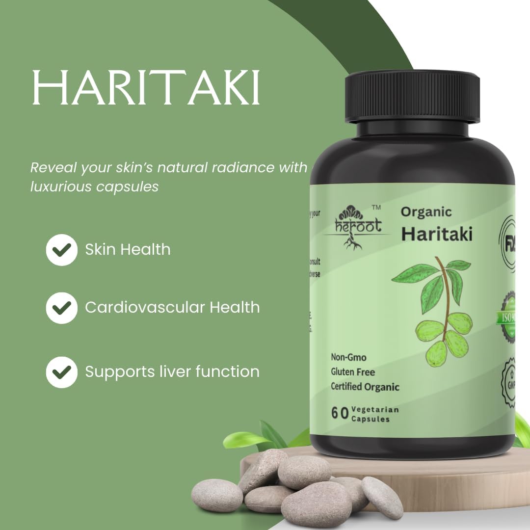 Certified Organic Heroot Haritaki Powder Capsules 400mg - Supports Digestion - Herbal Supplement (60 Pack)