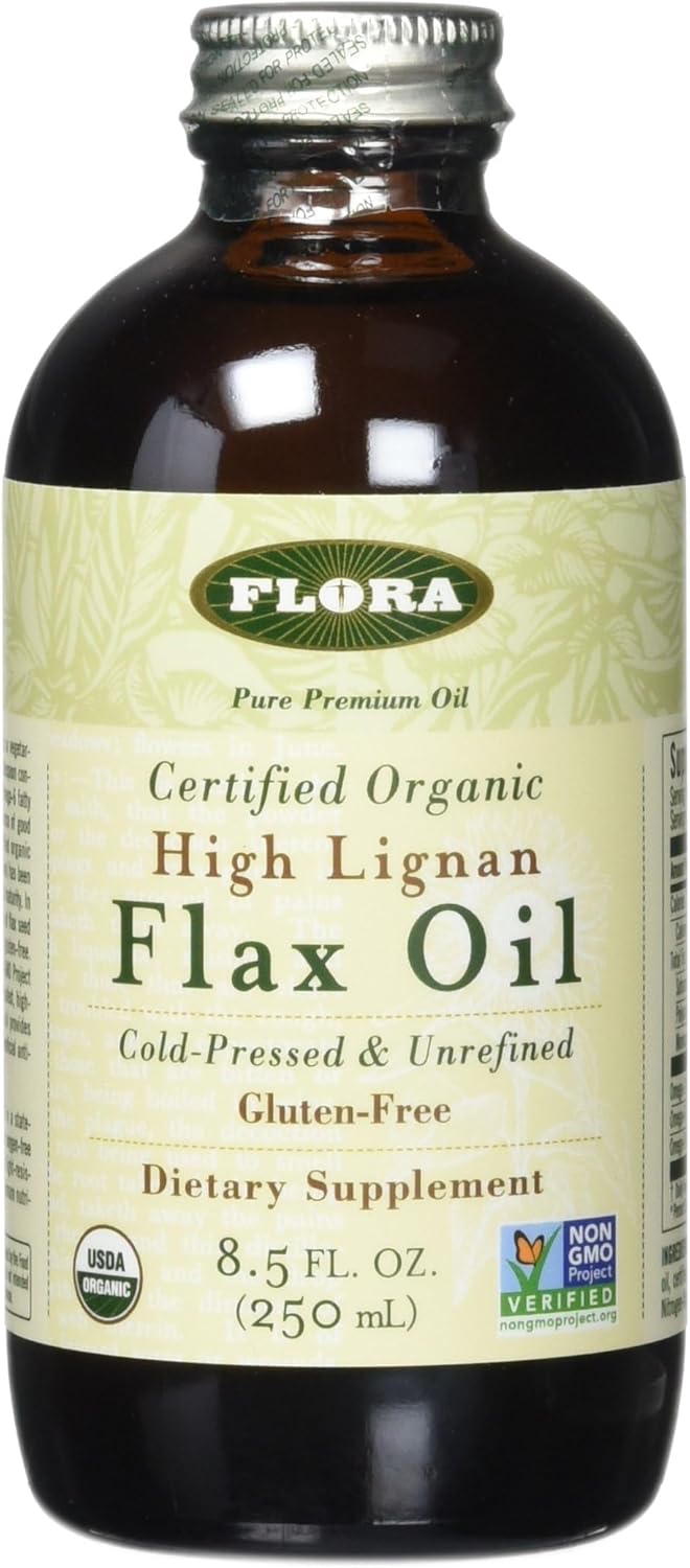 Certified Organic High Lignan Flax Oil - Cold Pressed, Unrefined, Gluten Free - 8.5 fl oz Glass Bottle