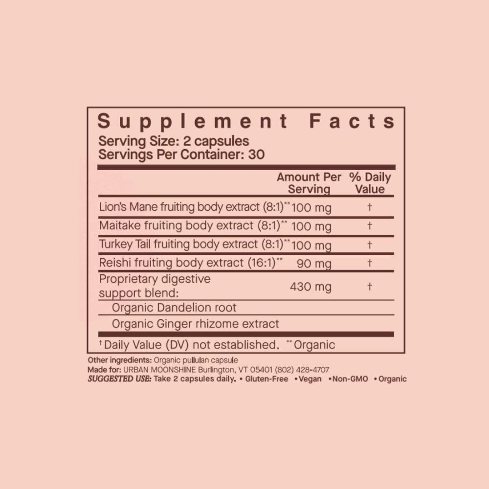 Certified Organic Immune Support Herbal Supplement with Lion’s Mane, Maitake, Turkey Tail & Reishi - Gluten-Free & Vegan - 60 Capsules