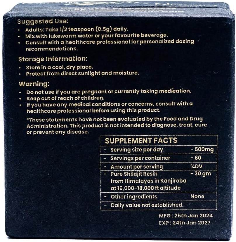 Certified Organic Kanjiroba Nutrients Himalayan Shilajit Resin - 85+ Minerals, 75%+ Fulvic Acid, 500mg - Grade A, Lab Tested Report - 30g Pack