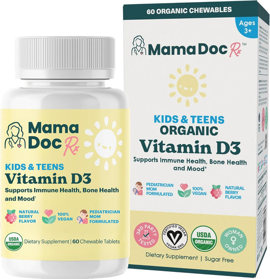Certified Organic Kids & Teens Vitamin D3 Chewables | 800 IU | Sugar-Free, Vegan, Allergen-Free | 2 Month Supply | Ages 3+