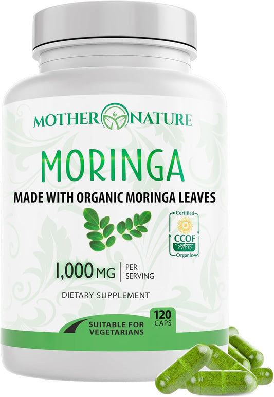 Certified Organic Moringa Capsules for Energy, Metabolism, & Immune Support - Vegan Superfood Supplement - 120ct. 500mg Capsules