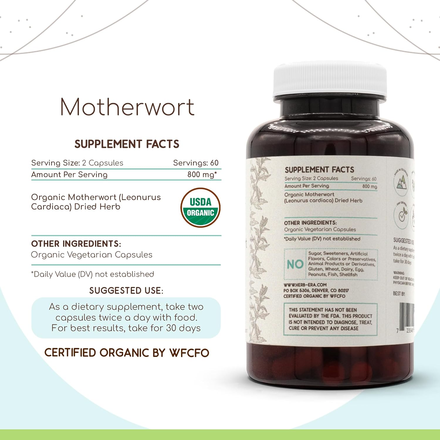 Certified Organic Motherwort Herbal Supplement - 120 Capsules | USDA Organic Vegetarian Capsules with Dried Motherwort Herb