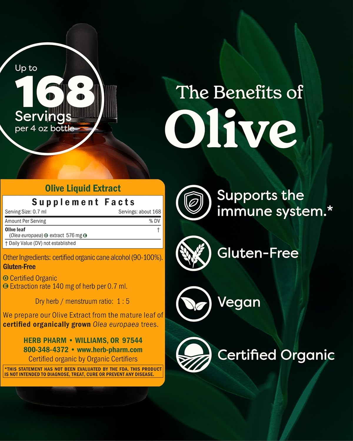 Certified Organic Olive Leaf Liquid Extract - Immune System Support - 4 Fl Oz