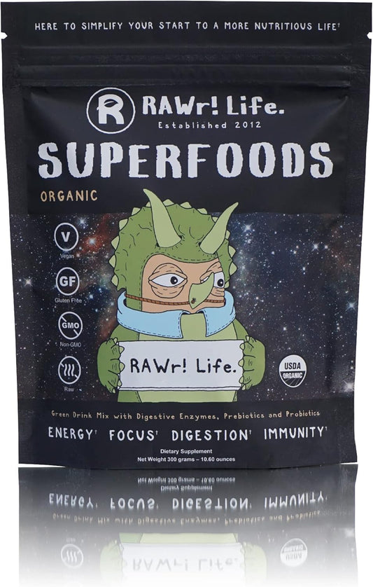 Certified Organic RAWr! Superfoods Green Drink Powder with Digestive Enzymes, Probiotics, and Prebiotics by Pro Skateboarder John Motta & Pro BMXer Joey Motta