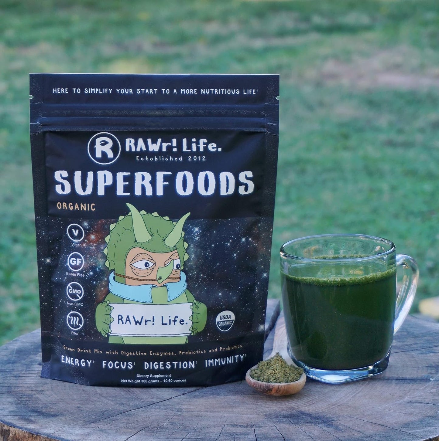Certified Organic RAWr! Superfoods Green Drink Powder with Digestive Enzymes, Probiotics, and Prebiotics by Pro Skateboarder John Motta & Pro BMXer Joey Motta