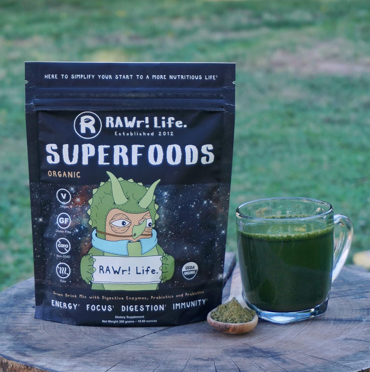 Certified Organic RAWr! Superfoods Green Drink Powder with Digestive Enzymes, Probiotics, and Prebiotics by Pro Skateboarder John Motta & Pro BMXer Joey Motta