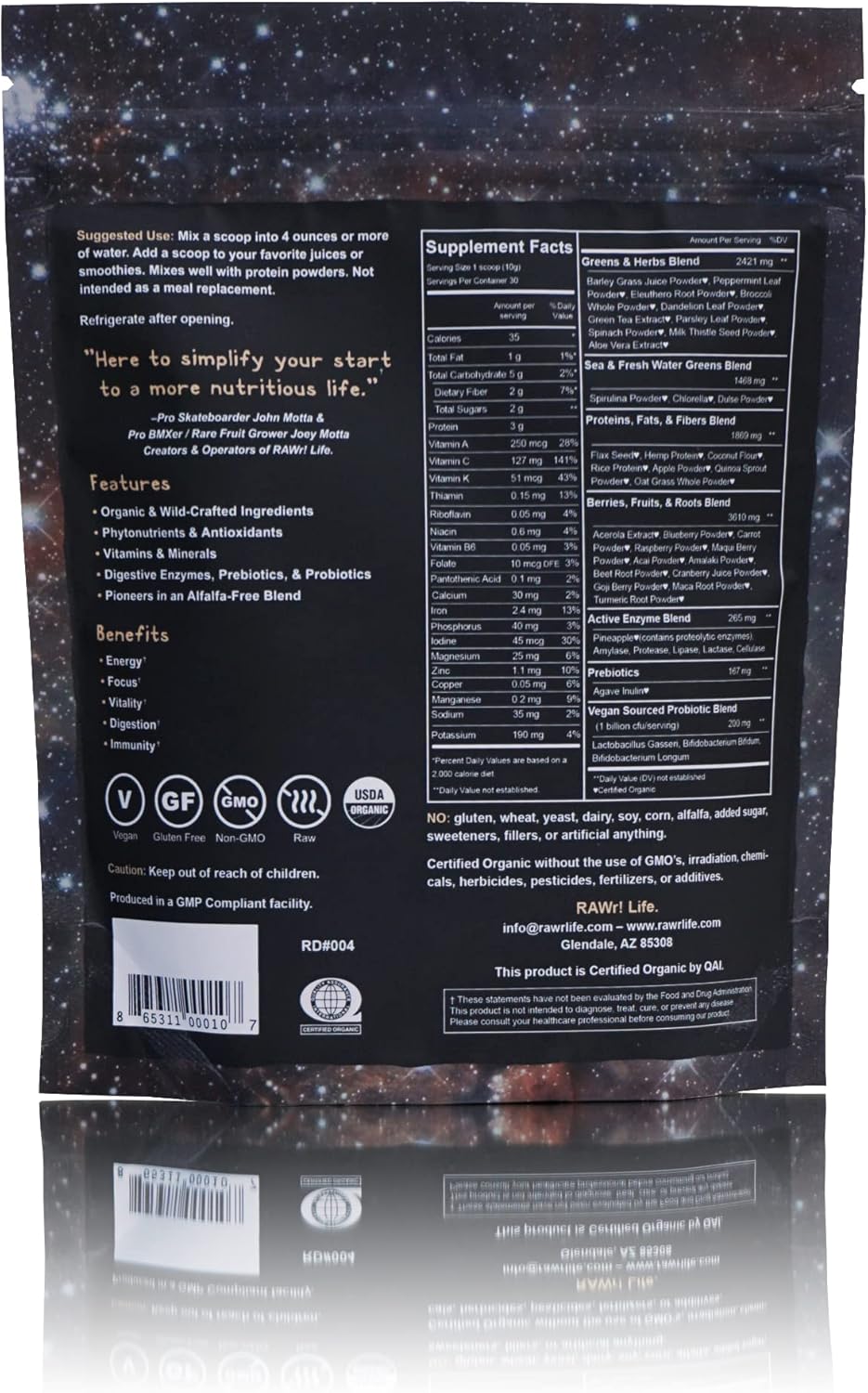 Certified Organic RAWr! Superfoods Green Drink Powder with Digestive Enzymes, Probiotics, and Prebiotics by Pro Skateboarder John Motta & Pro BMXer Joey Motta