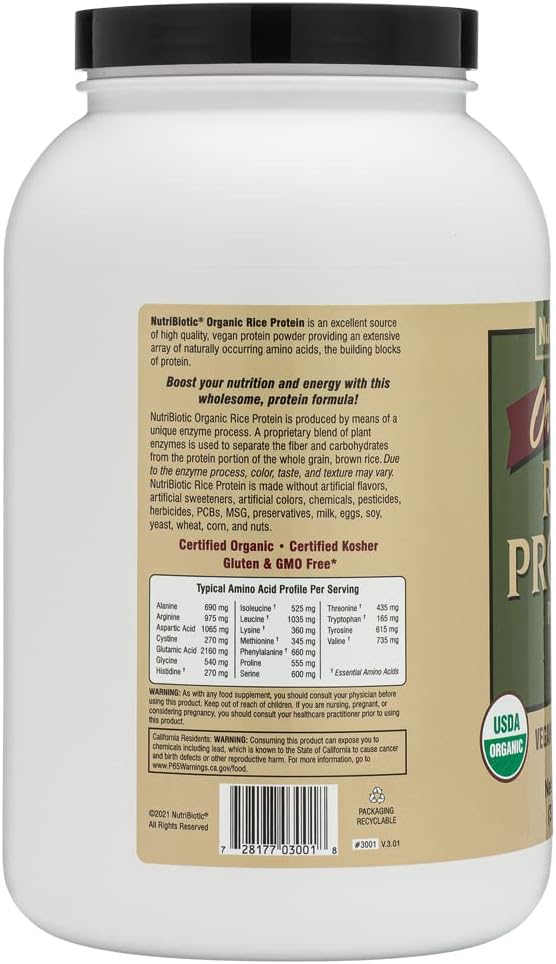 Certified Organic Rice Protein Powder - 3lb | Low Carb Vegan, Kosher, Keto | Chemical-Free & Gluten-Free | Easy Digestion