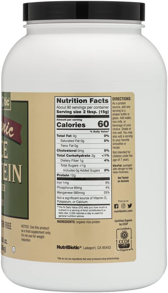 Certified Organic Rice Protein Powder - 3lb | Low Carb Vegan, Kosher, Keto | Chemical-Free & Gluten-Free | Easy Digestion