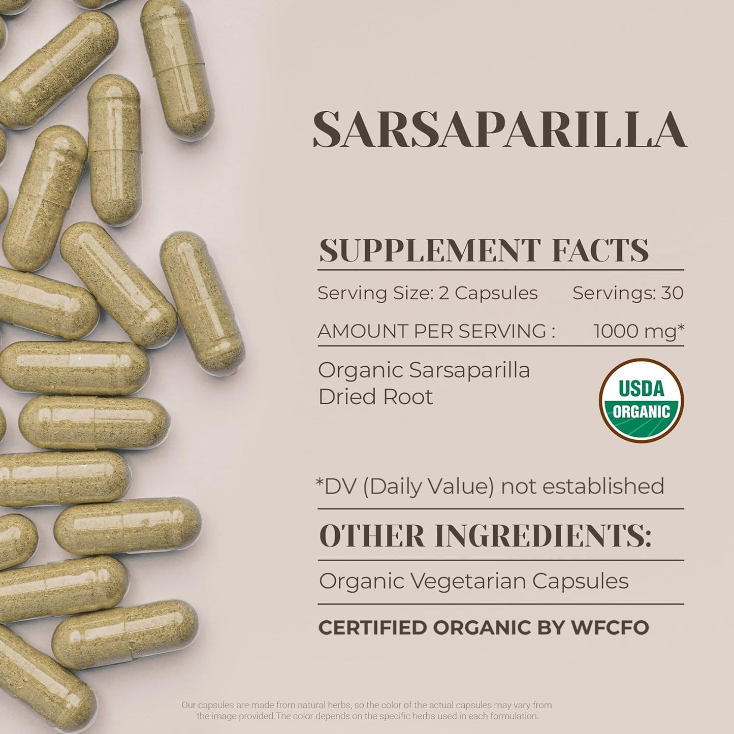 Certified Organic Sarsaparilla Capsules - High-Potency Natural Supplement with USDA Organic Sarsparilla Root - 60 Vegetarian Capsules