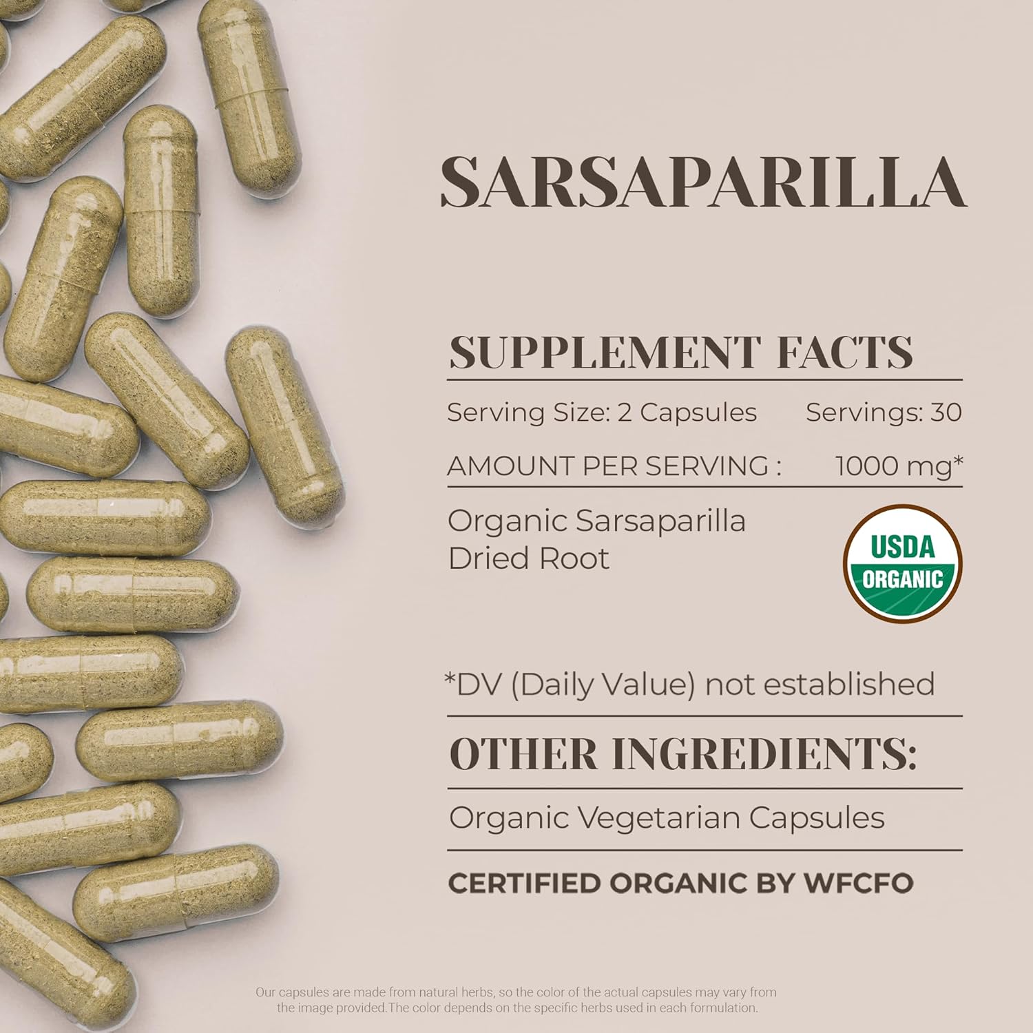 Certified Organic Sarsaparilla Capsules - High-Potency Natural Supplement with USDA Organic Sarsparilla Root - 60 Vegetarian Capsules