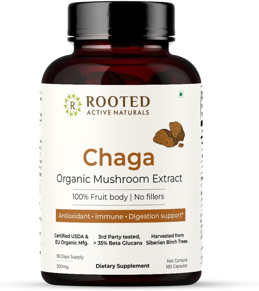 Certified Organic Siberian Chaga Mushroom Extract Capsules with 35% Beta Glucans for Antioxidant & Vitality Support